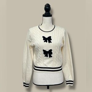 LUNA IVY Anthropologie Size S Cable Knit Ivory Pullover Sweater BLACK BOWS SOFT